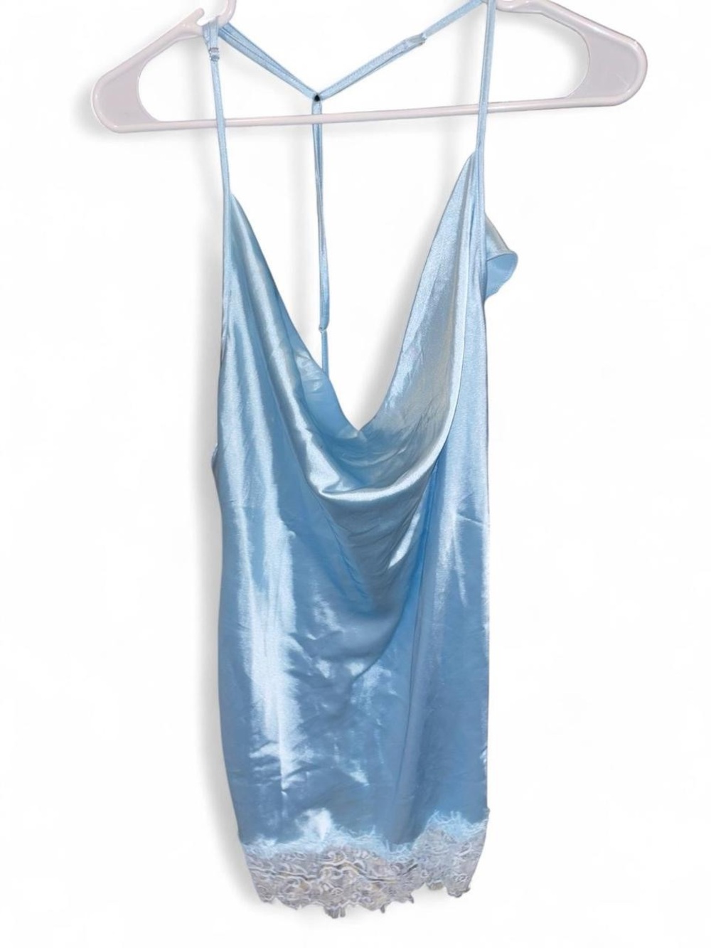 Dreamgirl Light Blue Satin Cowl Slip with Lace Hem